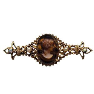 Florenza Brown Cameo Bar Brooch Faux Pearl Rhinestone Accents Gold Tone Vintage